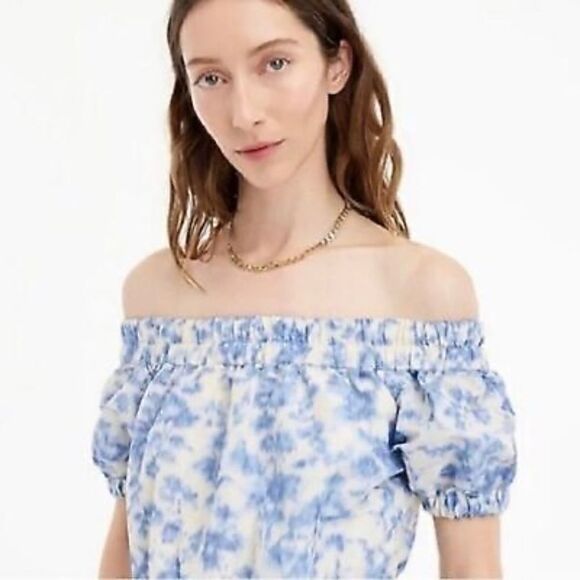 NWT J.Crew Off-Shoulder Midi Dress in Blue & White Antique Ikat Floral Size 8 - Picture 2 of 5